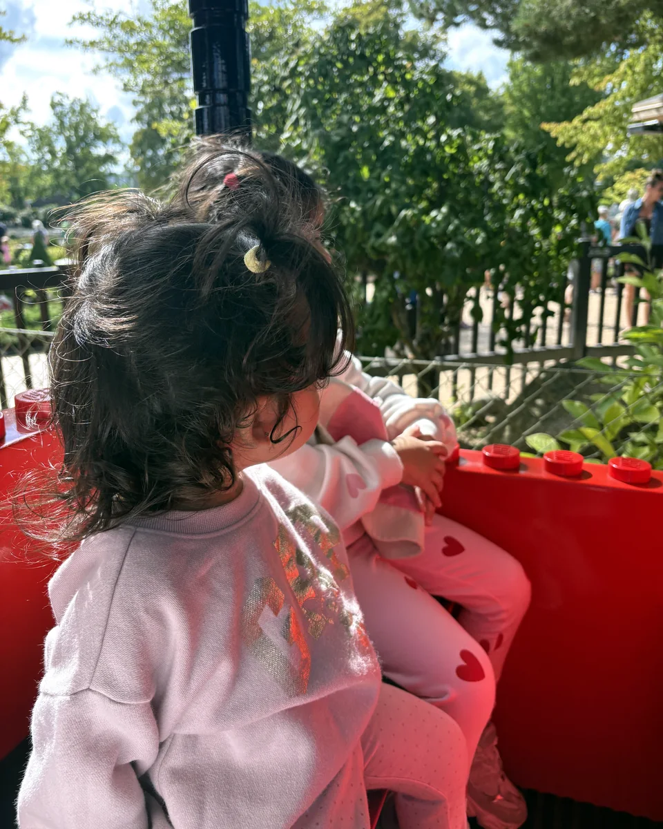 Dr Amna's two daughters seen from behind, their hair in the sun, riding in a toy-brick carriage