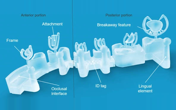 The Invisalign Specifix positioner with its frame, attachments, ID tag and breakaway feature labelled
