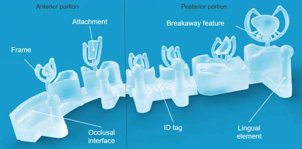 The Invisalign Specifix positioner with its frame, attachments, ID tag, breakaway feature and lingual element labelled