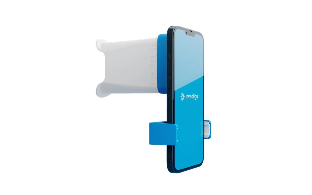 The Invisalign Lens clip-on fitted to a phone, used for Virtual Care photos