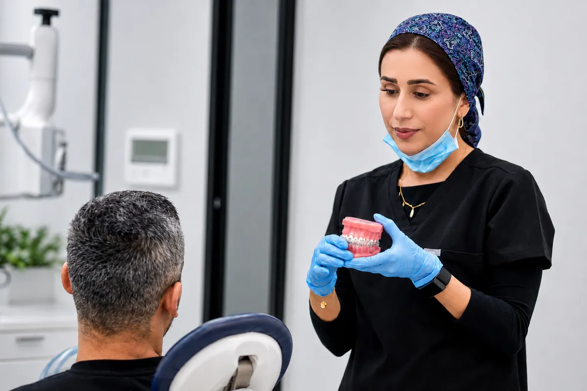 Dr Amna Ali explaining braces to a patient on a teaching model