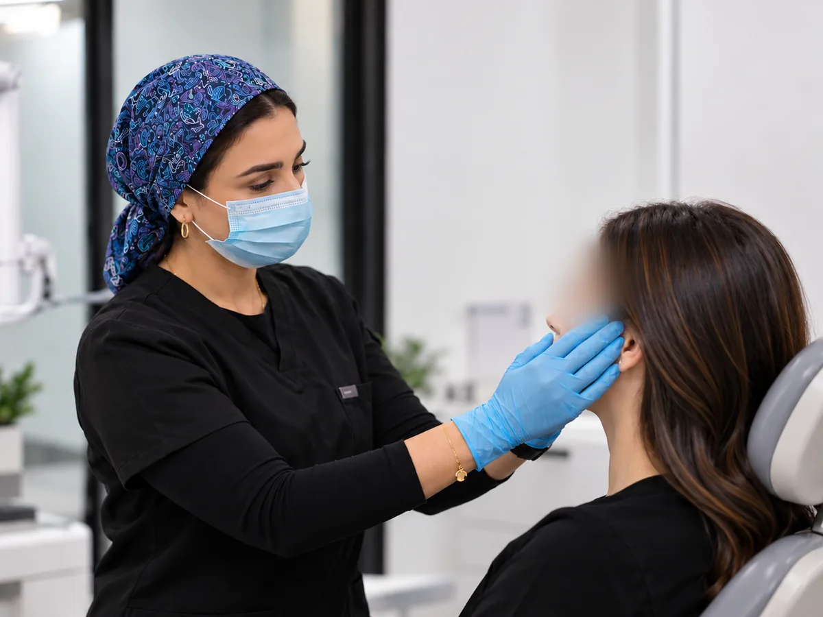 Dr Amna Ali examining a patient's jaw joint