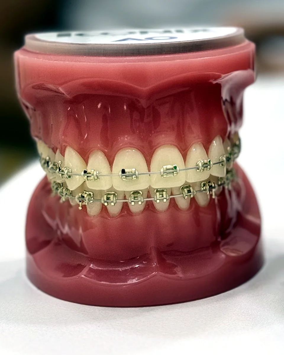 Golden braces on a teaching model in Dr Amna's clinic