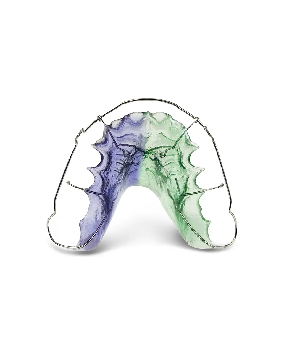 A Hawley retainer made in two colours of acrylic