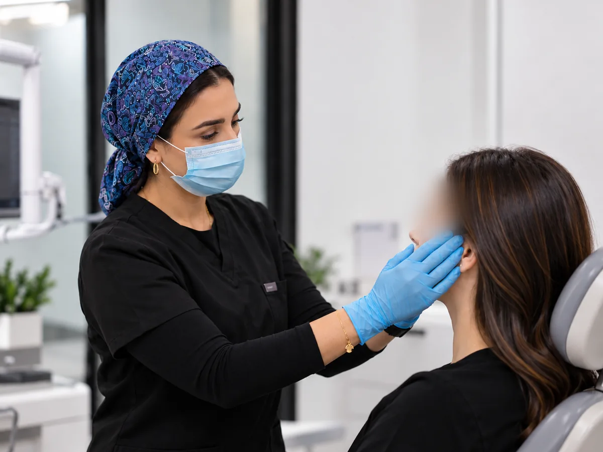 Dr Amna Ali examining a patient's jaw joint during a TMJ assessment