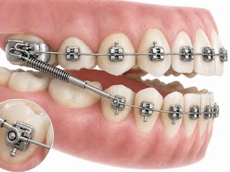 A fixed Class II corrector attached to braces